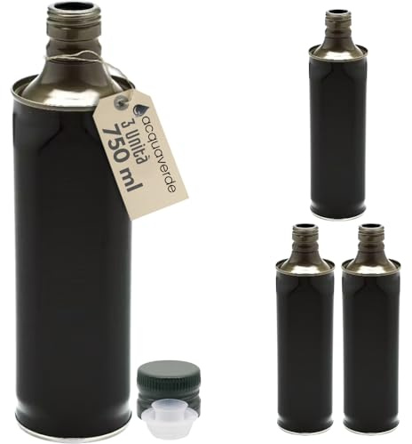 acquaverde | 3 Bottiglie in Latta 750 ml per Olio di Oliva, Contenitore Alimentare Verde, Design Squadrato, Incluso Tappo Prefilettato in Metallo con Salvagoccia
