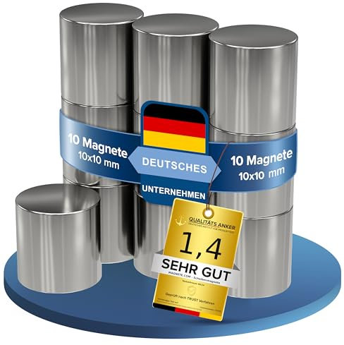 MAGNETE.COM - Magneti al neodimio, extra forti, rotondi, diametro 10 x 10 mm, forza adesiva ca. 4,5 kg, magneti per lavagna, bacheca, lavagnetta magnetica, officina, 10 pz