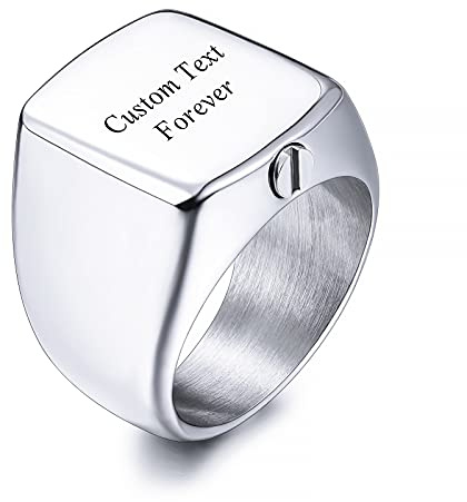 INBLUE Personalized Stainless Steel Cremation Urn Signet Ring for Men Women Pet Customized Text Ashes Holder Memorial Jewelry with Funnel Kit (Silver Size P)