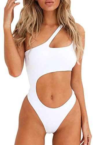 SherryDC Women's Sexy Cutout One Shoulder High Cut Cheeky One Piece Swimsuit Bathing Suit White