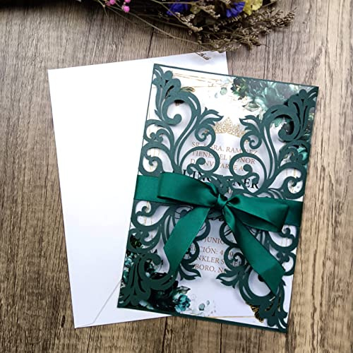 25PCS Laser Cut Wedding Invitations Cards with Envelopes,Blank Inner Sheets,Ribbons for Wedding Bridal Shower Quinceañera Engagement Birthday Invites (pearl emerald green)