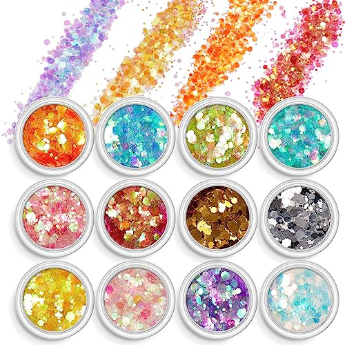 AOOWU Glitter, 12 Farben Festival Glitzer Gesicht, Halloween Schminke Make-up Glitzer Haare, Körperglitzer Festival Zubehör Glitter für Gesicht Nägel Augen Lippen Haare Körper （02）