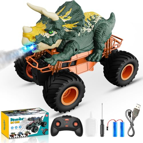 HappyGoLucky Dinosaur Toys for Boys, 1:16 Scale Monster Truck Toys with Spray Roar LED Lights, Rc Car Toys for 3 4 5 6 7 8 Year Old Boys Gifts, 4 5 6 7 8 9 Year Old Boys Gifts Ideas Birthday Presents