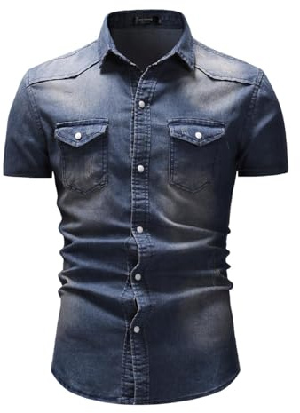 Camicia di Jeans da Uomo Estate retrò Casual Slim Fit Manica Corta Bavero Camicie di Jeans Blu Scuro S
