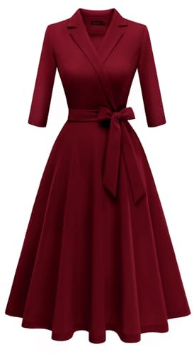 Meetjen Formal Dresses for Women Elegant V Neck Faux Wrap Modest Wedding Guest Swing Cocktail A-line Dress,Burgundy,2XL