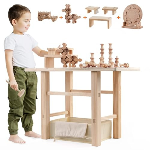 Edyfico TGZ101, 5 in 1 Werkbank Kinder ab 2 Jahre, Robuste Holzwerkbank mit 83 Bausteine, Echt Werkstatt, Durable Spielwerkbank mit 4 Sets Kreative Kinderspielzeug für Jungen & Mädchen ab 3 Jahren