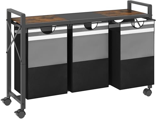 FAVOOSTY Laundry Sorter with Shelf,Laundry Basket Organizer,Laundry Hamper with Shelf, 3 ×11 Gal（50L）3 Section Laundry Sorter with Pull-Out Removable Oxford Fabric Bags and Movable Wheels Grey Black