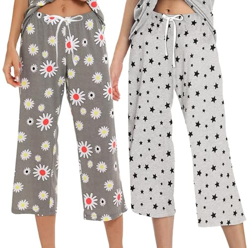 MIA LUCCE Pyjamasbyxor dam 3/4 dampyjamasstrumpor mjuk lätt sommar pyjamas dam pyjamas för sport sömn och fritid M-XXL | Fashionabla pyjamasbyxor med dragsko, pyjamas dam 3/4 byxor långa för natt och fritid, storlekar S till XXL