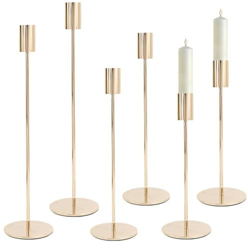 6Pcs Candelabro Dorado 32/27/22cm para Velas 2.2cm, Candelabros Decorativo Metal Alto Estilo Retro, Decoración Portavelas Oro Vintage para Bodas, Cumpleaños, Casa Hogar Comedor, Fiestas, Cenas,Navidad