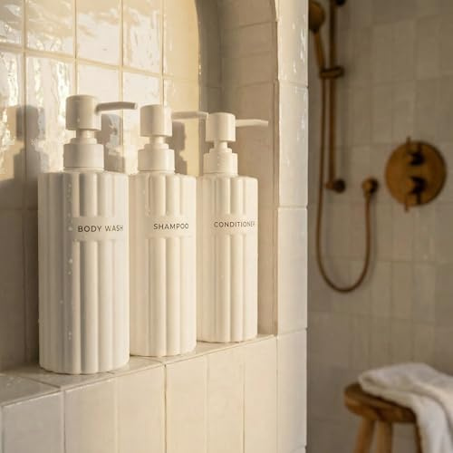 Elegante Juego de 3 dispensadores de champú y acondicionador, Modernas Botellas de jabón de Ducha de 21 onzas con Bomba y Etiquetas, dispensadores de jabón Corporal fáciles de Rellenar para una