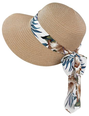 Feelorna Sombrero de Paja para Mujer con Protección UV, Ala Ancha, Transpirable de Playa, Plegable para Viajes y Vacaciones