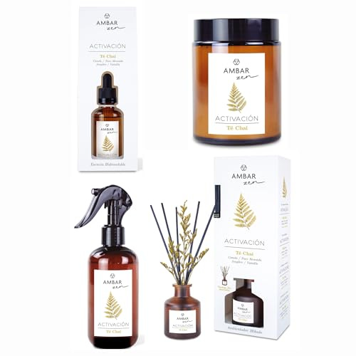 Pack Ambientador Hogar Té Chai – Mikado de Varillas + Spray Perfumado + Vela Aromática + Esencia Hidrosoluble – Ámbar Zen Activación- Aromaterapia te Chai