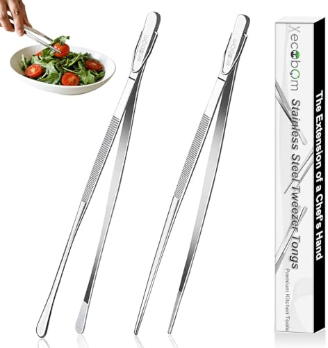 2 Pcs 12-Inch Stainless Steel Kitchen Tweezers, Dual-Tip Serrated Tongs with Hook - Heat-Resistant Non-Slip Cooking Tweezers for BBQ, Grilling, Plating & Serving