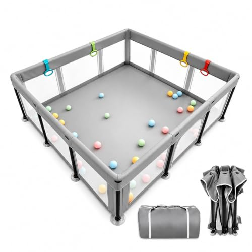 Laufstall Baby Faltbar Laufgitter Playpen, Faltbarer Kinder Play Pen Gitter 180*180cm mit Reißverschlusstür & Starker Saugnapf | Drinnen & Draußen Tragbares Babyzaunn | Quick 60s Pop up (Dunkelgrau)