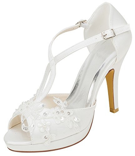Emily Bridal Brautschuhe Damen Seide wie Satin Stiletto Peep Toe Plattform mit Nähte Spitze Perle, 40 EU, Ivory