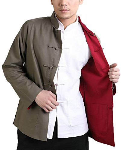 Kung Fu Herren Jacke - Traditionelle Chinesische Kampfkunst Tai Chi Qigong Wing Chun Shaolin Lange Ärmel Training Kleidung Doppelseitig Frühling Herbst Mantel Casual Look (Armeegrün und Rot, XL)
