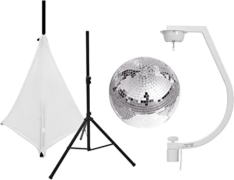 EUROLITE Set Spiegelkugel 30cm mit Stativ und Segel weiß | Spiegelkugel inkl. Stativhalterung mit Motor, Stativsegel und Boxenhochständer