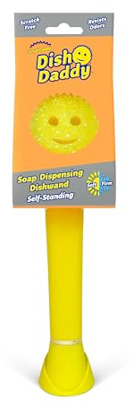 Scrub Daddy Dish Daddy, spazzola per piatti che eroga sapone, spugna per lavare con impugnatura liquida, raschietto incorporato e testina di pulizia staccabile, supporto per sgocciolamento, Giallo