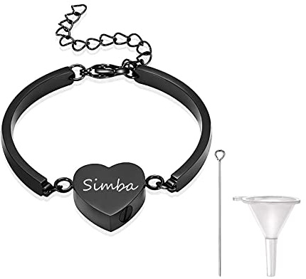 Heart Cremation Bracelet for Ashes - Personalized Pet Memorial Jewelry - Custom Dog Ashes Bracelet Keepsake - Stainless Steel Silver Cremation Jewelry for Women - Black - Includes Funnel Kit & Bag