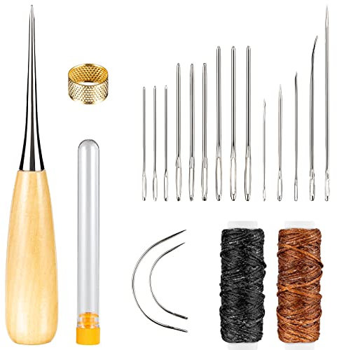Realure 20 Stück Ledernadel Leder Werkzeug Set Leder Nähnadeln mit Großem öhr Fingerhut Wachsfaden Leather Nähahle Gebogene Polsternadel Lederwerkzeug für Ledert Teppich Matratzen Reparieren