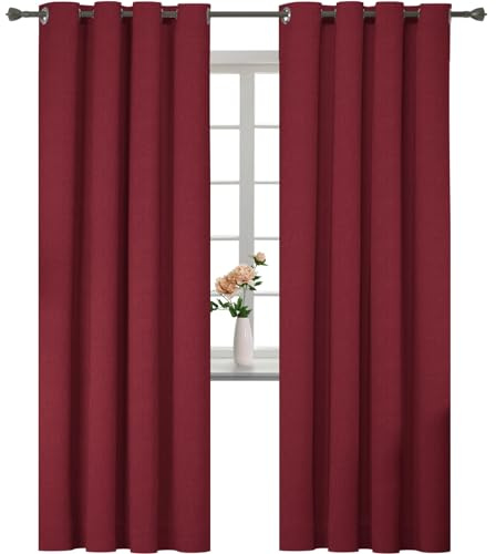 YSTELLAA 100% Mörkläggningsgardin 2 Stycken, 140 X 260 CM, linne dekorativ, Sovrum Termiska Gardiner Med Öljetter, Ljudisoleringsgardin, Värmeisolerande Gardiner För Vardagsrum, Röd
