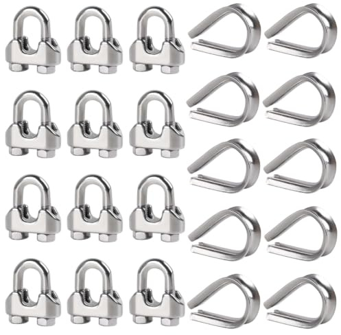 hannger 12Pcs 3/16 M5 Wire Rope Clamps 10 Pcs M5 Wire Rope Thimble, 304 Stainless Steel Cable Clamps Kit for 3/16 inch Steel Cable Thimbles Rigging