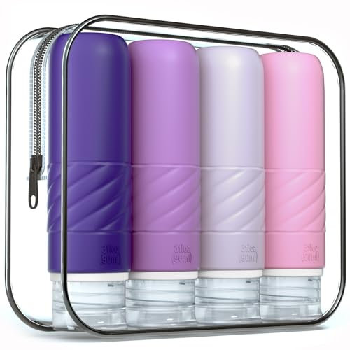 Gemice Travel Bottles for Toiletries, CAA Approved 90ml Silicone Travel Bottles, Leak Proof Squeezable Travel Size Containers, Travel Essentials for Lotion Soap Liquid Shampoo, BPA Free(4 Pack)