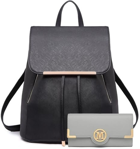 Miss Lulu Backpack Womens with Long Purse Fashion Backpacks Black Backpack Ladies PU Leather Waterproof Daypack Medium School Work Travel