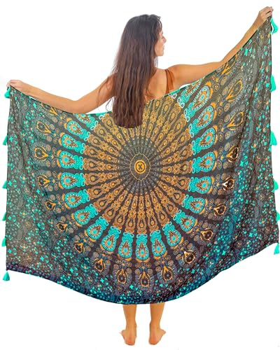 Mandala Life ART Paréo Femme Plage Grande Longue avec des Franges Noir Sexy XXL Longue Robe Jupe Tapisserie Foulard Écharpe Coton Sarong 180X110Cm