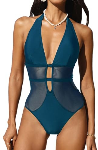 CUPSHE Bañador para mujer con escote en V profundo, cuello halter, panel de malla, espalda descubierta, tiras, traje de baño de una pieza, azul, S