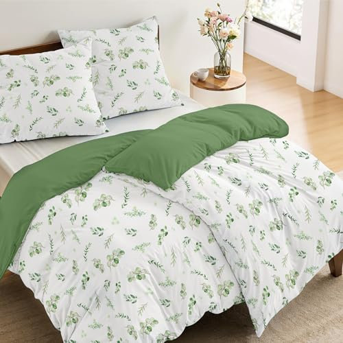 Dreamzie - 2 Bettwäsche Set 135x200 cm Botanic-Motiv Salbeigrün mit 2 Kissenbezügen 80x80 cm - Bettwäsche 135x200 Einzelbett aus 100% Mikrofaser - Zertifiziert ohne Chemikalien (Oeko TEX)