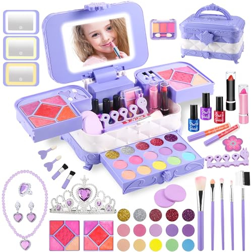YasinKidz Juego de maquillaje 59 en 1 para niños con espejo LED de 3 colores, juego de maquillaje lavable para niñas, juguetes para edades de 3 a 12 años