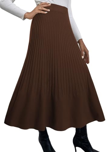 Adigaber Women's Long Skirts High Waist Knitted Pleated Skirt A-Line Elasticated Waist Winter Skirt Brown