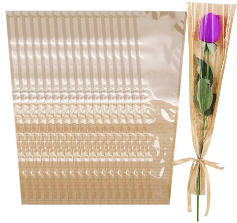 Paquete de 100 fundas de flores individuales marrones para boutiques, bolsas de papel de regalo de flores pequeñas, manga frontal transparente para bodas, cumpleaños, suministros de bar floral (15.7 x
