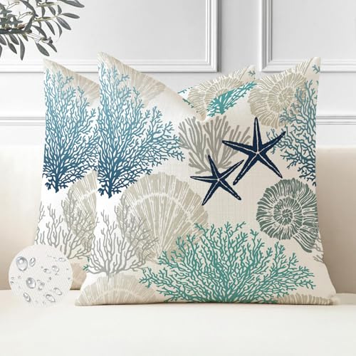 Miuyunya Set med 2 örngott vattentäta ocean soffkuddar dekorativt örngott 50 x 50 sjöstjärna korall sommar dekorativa kuddar för utomhus soffa säng bil hem