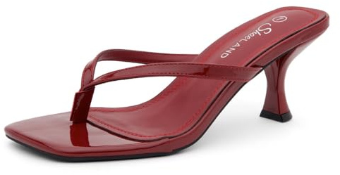 Shoe Land Kitten Heels for Women, Square Open Toe Thong Sandals, Slip On Heeled Sandals, Flip Flop Style, Dressy Summer Heels for Party Date Night, 2401Burgundy, Size 9.0,Benni