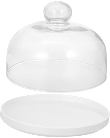 Afternoon Tea Stands Clear Glass Dome Cloche with Ceramic Base Handle Cloche Bell Jar Cake Display Case Tabletop Centerpiece for Dessert Cheese Pastries 7 inch Cake Stands