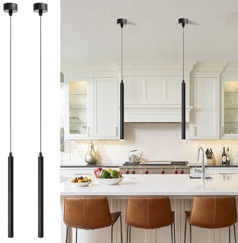 ACMHNC Black Pendant Light, 2pcs LED Pendant Lights for Kitchen Island, Bedroom, 5W Modern Minimalist Hanging Lights, 3000K, 180cm Height Adjustable, 30cm