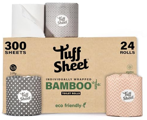 24 Pack Bamboo Wrapped Toilet Rolls 3-Ply Strength, Plastic-Free Toilet Paper, 300 Sheets, Recycled Packaging, Sustainably Sourced, Eco-Friendly & Biodegradable Bathroom Tissues