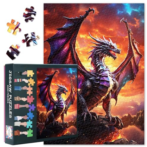 TISHIRON 1000 stycken majestic dragon jigsaw pussel för vuxna, fantasi | Födelsedagsfirande presenter jigsaws omöjlig utmaning drake pussel perfekt för familjevänner lek natt 50 cm x 70 cm