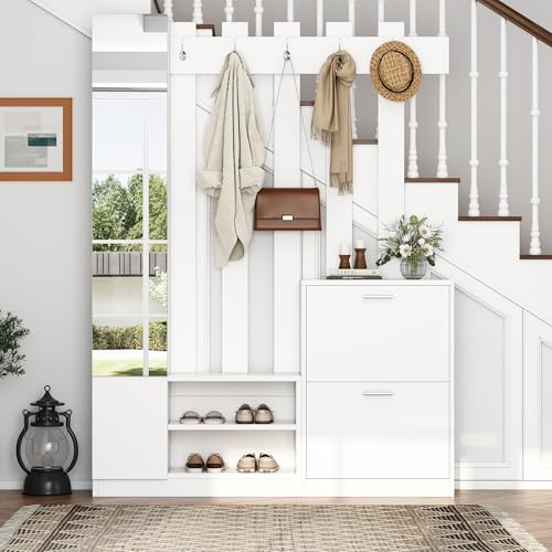 ModernLuxe Coat Rack with 4-Tier Shoe Rack, 5-in-1 Hallway Coat Stand with Mirror, Wooden Clothes Rail with 5 Hooks, Shoe Bench and Storage Shelves, White Wardrobe Set, 135×25×180 cm