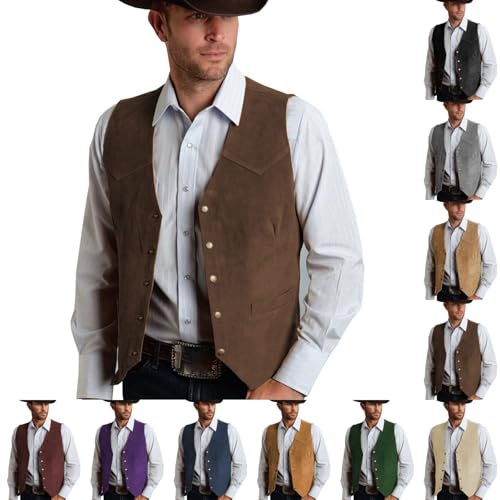 Generisch Costume de cowboy pour homme - Gilet en cuir sans manches - Col en V - Rétro - Gilet hippie - Couleur unie - Costume de carnaval - Fête de la bière