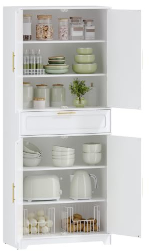 Hzuaneri Kitchen Cupboard, 181 cm Tall Kitchen Cabinet with Drawer, White | Kitchen Pantry Cabinet with 4 Doors, 4 Adjustable Shelves, for Dining Room, Living Room, 40 x 75 x 181 cm, PT18203X