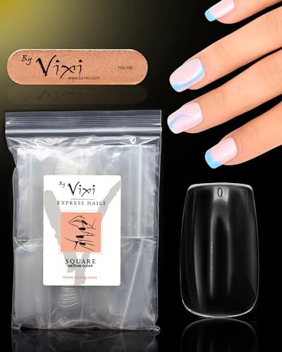 By Vixi 600 SET DE UÑAS MEDIANO CUADRADO con LIMA DE PREPARACIÓN, 10 tamaños - de uñas postizas exprés de cobertura total Clara para profesionales de salón y uso doméstico