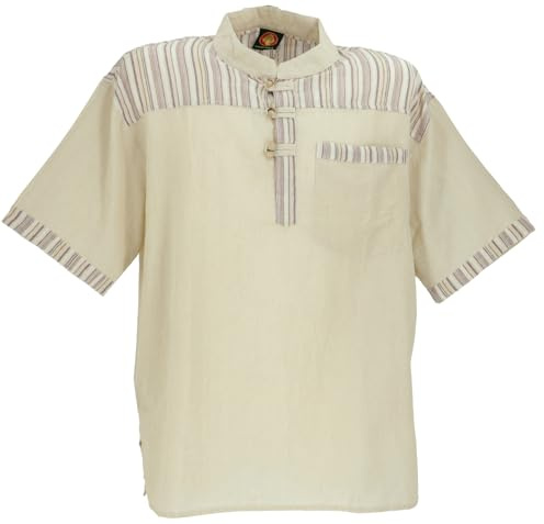 GURU-SHOP, Camisa de Pescador de Nepal, Camisa de Manga Corta Goa Hippie Rayada, Color Lino, Algodón, Tamaño:XL, Camisas de Hombre