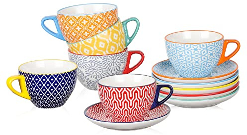 Selamica Ceramic 8 oz Cappuccino Cup Set with Saucers, Espresso Coffee Cups, Latte Macchiato for Party Cafe Home, Set of 6, Assorted Colors