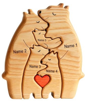 Personalised Bear Family Wooden Art Puzzle,Wood Bear Sculptures Desktop Ornament with 2-7 Names,Animal Jigsaws,Wooden Bear Family Figurine for Xmas Gift