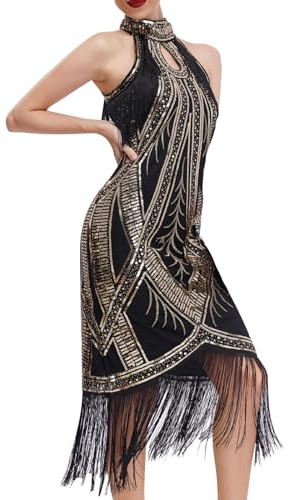 AnnSemo Gatsby 1920s Flapper Dress Women Vintage Sequin Fringe Beaded Dress Paisley Halter Flapper Tassel Glam Roaring 20s Art Deco Fancy Cocktail Party Prom
