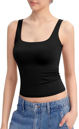 PUMIEY Tank Top for Women Sleeveless Double Lined Basic Summer Tops, Jet Black Small
