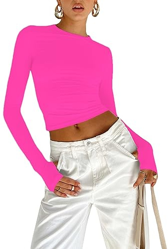 OYIGELZ T-shirt à manches longues pour femme - T-shirt basique - Haut court/crop top Y2K - Coupe ajustée - Col rond - Tee shirt décontracté, Rose, XL